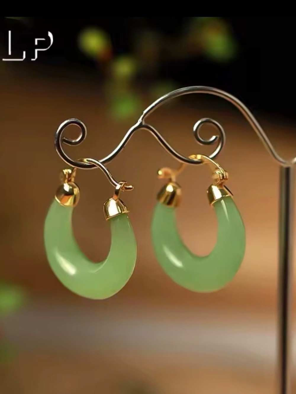 A-Grade Jadeite Certified Green Burmese Jade Hoop Earrings 14K Gold Plated
